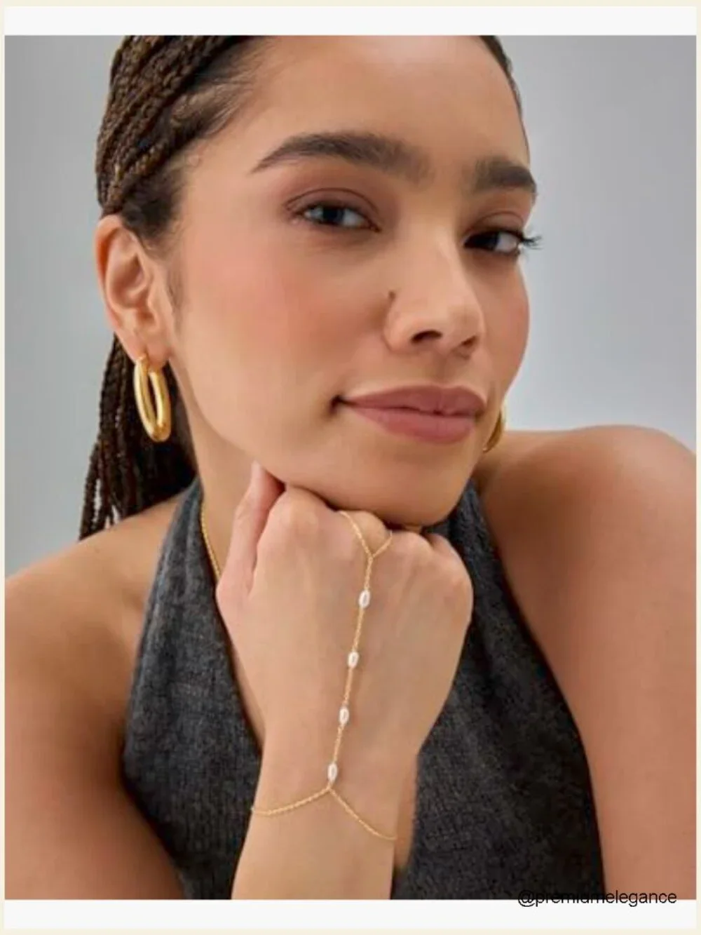 Gold Pearl Hand Chain Bracelet Ring Set Adjustable Dainty